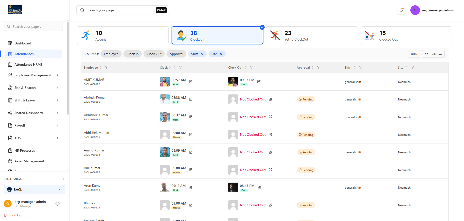ClockInHR dashboard